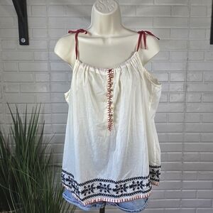 NWT Hippie Laundry Cream and Red Embroidered Boho Tank Top Size Large